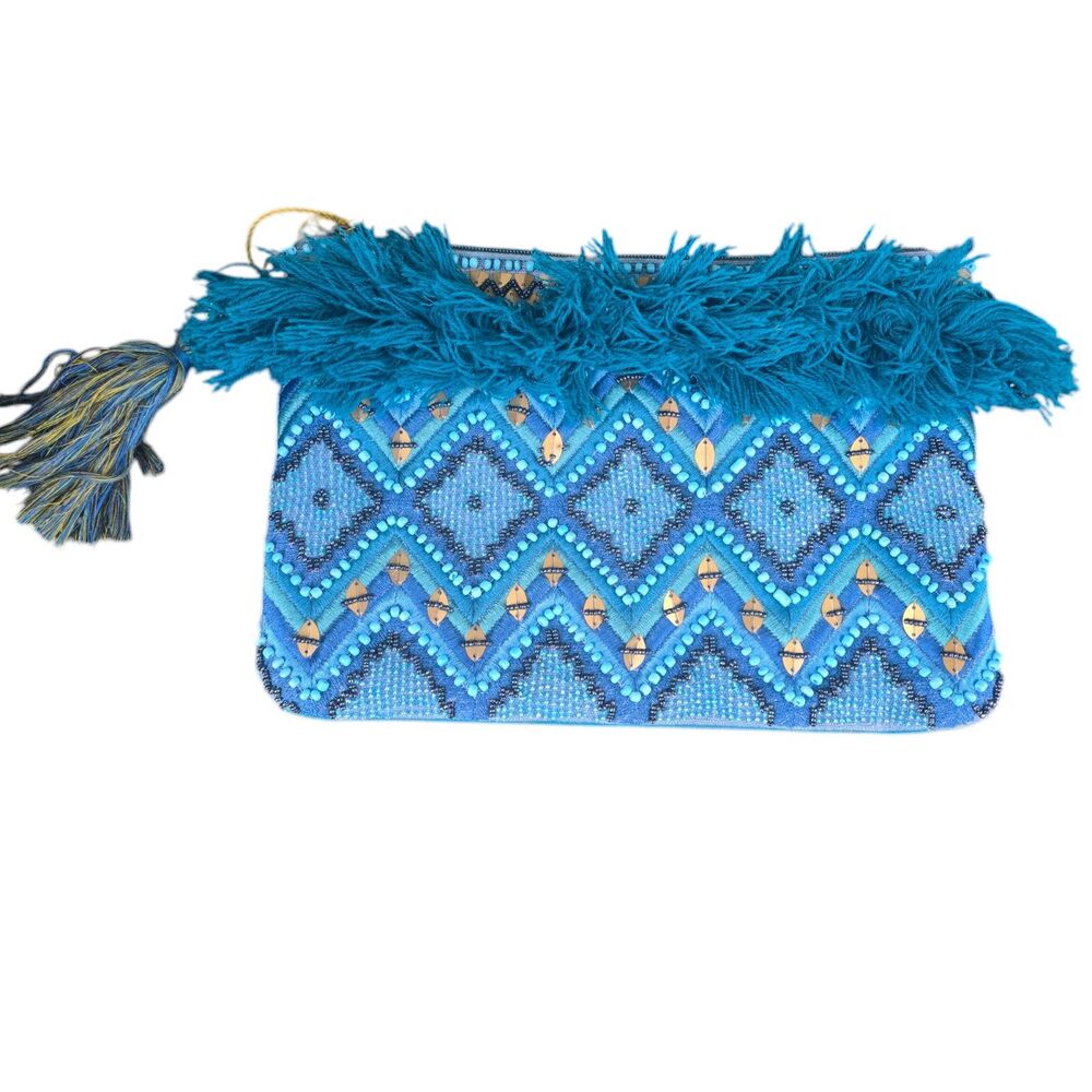 Steven by Steve Madden Fringe Turquoise/Blue Clutch Boho Beaded Gold Sequin
